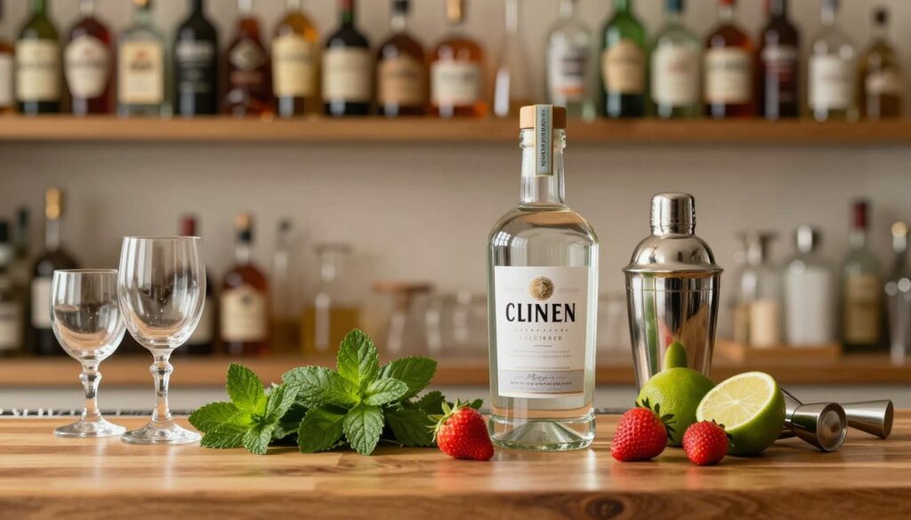 A vibrant and inviting kitchen setting showcasing the importance of high-quality ingredients in mixology. In the foreground, a wooden bar surface is adorned with elegant glassware, fresh herbs like mint and basil, and colorful fruits such as strawberries and limes, artistically arranged. The middle ground features a beautifully labeled bottle of premium gin, glistening in the soft, warm light. A cocktail shaker and muddler lie beside it, hinting at the process of crafting a cocktail. In the background, shelves filled with various spirits and mixers create depth, with a soft bokeh effect to keep the focus clear. The atmosphere is warm and welcoming, inviting the viewer into the world of sophisticated home bartending. The lighting is soft and diffused, creating an inviting glow that enhances the colors of the ingredients. A vibrant and inviting kitchen setting showcasing the importance of high-quality ingredients in mixology. In the foreground, a wooden bar surface is adorned with elegant glassware, fresh herbs like mint and basil, and colorful fruits such as strawberries and limes, artistically arranged. The middle ground features a beautifully labeled bottle of premium gin, glistening in the soft, warm light. A cocktail shaker and muddler lie beside it, hinting at the process of crafting a cocktail. In the background, shelves filled with various spirits and mixers create depth, with a soft bokeh effect to keep the focus clear. The atmosphere is warm and welcoming, inviting the viewer into the world of sophisticated home bartending. The lighting is soft and diffused, creating an inviting glow that enhances the colors of the ingredients.