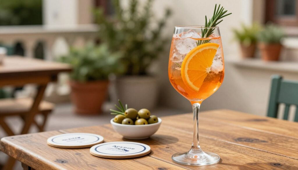 A vibrant and inviting scene featuring a classic Aperol Spritz cocktail, placed prominently in the foreground. The drink is served in a large wine glass filled with ice, garnished with an orange slice and a sprig of fresh rosemary, the bright orange color of the Aperol contrasting beautifully with the clear ice and rich greenery. In the middle ground, a rustic wooden table holds a small bowl of olives and a few elegant coasters, suggesting a relaxed Italian aperitivo moment. The background features a sunlit terrace adorned with potted plants and soft, blurred colors, conveying a warm and cheerful atmosphere. Soft, natural lighting highlights the drink, enhancing its appeal. Shot at eye level with a shallow depth of field to focus on the drink while giving hints of the charming surroundings. A vibrant and inviting scene featuring a classic Aperol Spritz cocktail, placed prominently in the foreground. The drink is served in a large wine glass filled with ice, garnished with an orange slice and a sprig of fresh rosemary, the bright orange color of the Aperol contrasting beautifully with the clear ice and rich greenery. In the middle ground, a rustic wooden table holds a small bowl of olives and a few elegant coasters, suggesting a relaxed Italian aperitivo moment. The background features a sunlit terrace adorned with potted plants and soft, blurred colors, conveying a warm and cheerful atmosphere. Soft, natural lighting highlights the drink, enhancing its appeal. Shot at eye level with a shallow depth of field to focus on the drink while giving hints of the charming surroundings.