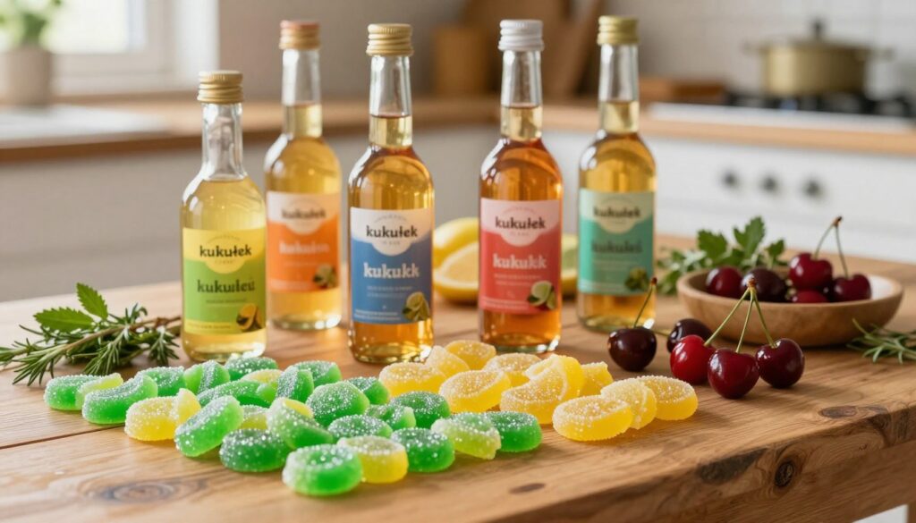 A vibrant and inviting scene showcasing a beautiful arrangement of "kukułek" (candy-like liqueur) ingredients on a rustic wooden table. In the foreground, display fresh kukułki, their bright colors of green and yellow glistening under soft natural light. In the middle, include elegant glass bottles filled with the liqueur, adorned with colorful labels, alongside fresh fruits like cherries and herbs. Use a blurred kitchen background with warm, ambient lighting to create a cozy atmosphere, evoking a sense of home celebration. Capture the scene from a slightly elevated angle, focusing on the texture of the ingredients and the glint of the liqueur to emphasize the preparation process. The mood should be cheerful and inviting, perfect for a festive gathering. A vibrant and inviting scene showcasing a beautiful arrangement of "kukułek" (candy-like liqueur) ingredients on a rustic wooden table. In the foreground, display fresh kukułki, their bright colors of green and yellow glistening under soft natural light. In the middle, include elegant glass bottles filled with the liqueur, adorned with colorful labels, alongside fresh fruits like cherries and herbs. Use a blurred kitchen background with warm, ambient lighting to create a cozy atmosphere, evoking a sense of home celebration. Capture the scene from a slightly elevated angle, focusing on the texture of the ingredients and the glint of the liqueur to emphasize the preparation process. The mood should be cheerful and inviting, perfect for a festive gathering.