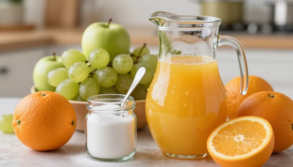 A vibrant and inviting still life scene featuring a collection of fresh fruit juices and sugar sources. In the foreground, a clear glass pitcher filled with golden orange juice is surrounded by ripe, juicy oranges, showcasing their texture and natural sheen. Beside it, a small glass jar of sugar sits prominently, with a spoon leaning against it, hinting at its use in beverages. In the middle ground, an arrangement of green apples and a bunch of grapes adds color and depth, while droplets of juice trickle down the fruits. The background reveals a soft-focus kitchen setting with warm, natural lighting, evoking a cozy atmosphere. Shot with a shallow depth of field to highlight the richness of the fruits and juices while softening the background detail. A vibrant and inviting still life scene featuring a collection of fresh fruit juices and sugar sources. In the foreground, a clear glass pitcher filled with golden orange juice is surrounded by ripe, juicy oranges, showcasing their texture and natural sheen. Beside it, a small glass jar of sugar sits prominently, with a spoon leaning against it, hinting at its use in beverages. In the middle ground, an arrangement of green apples and a bunch of grapes adds color and depth, while droplets of juice trickle down the fruits. The background reveals a soft-focus kitchen setting with warm, natural lighting, evoking a cozy atmosphere. Shot with a shallow depth of field to highlight the richness of the fruits and juices while softening the background detail.