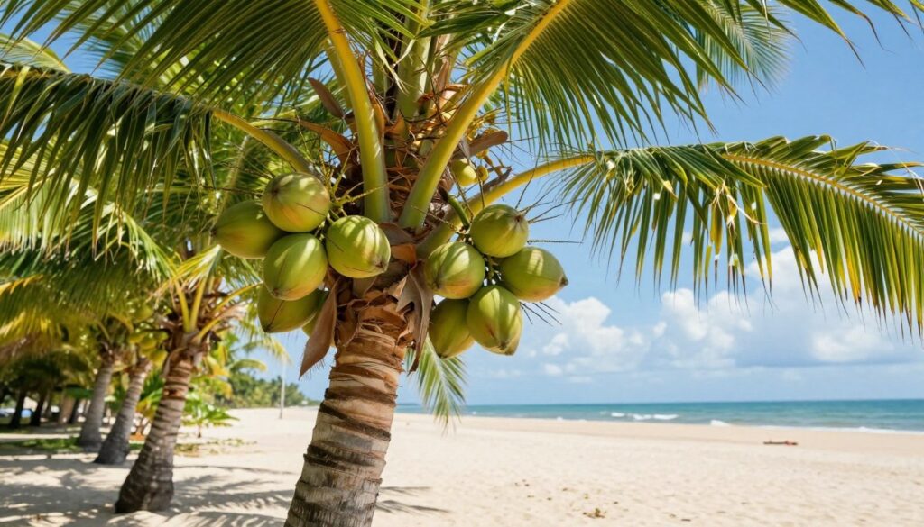 A vibrant and lush scene showcasing a coconut palm tree in a tropical setting. In the foreground, low-hanging coconuts, green and brown, ripe and fresh, dangle from the tree's trunk, with details of the fibrous husk visible. The middle ground features broad, fan-like fronds swaying gently in a warm breeze, casting playful shadows on the soft, sandy ground below. In the background, a clear blue sky contrasts with soft white clouds, enhancing the serene atmosphere. The sunlight is bright, creating a cheerful and inviting mood, and the image is taken from a slightly low angle, emphasizing the height and grandeur of the palm tree. The focus is sharp on the coconuts, blurring the distant horizon slightly for depth. A vibrant and lush scene showcasing a coconut palm tree in a tropical setting. In the foreground, low-hanging coconuts, green and brown, ripe and fresh, dangle from the tree's trunk, with details of the fibrous husk visible. The middle ground features broad, fan-like fronds swaying gently in a warm breeze, casting playful shadows on the soft, sandy ground below. In the background, a clear blue sky contrasts with soft white clouds, enhancing the serene atmosphere. The sunlight is bright, creating a cheerful and inviting mood, and the image is taken from a slightly low angle, emphasizing the height and grandeur of the palm tree. The focus is sharp on the coconuts, blurring the distant horizon slightly for depth.