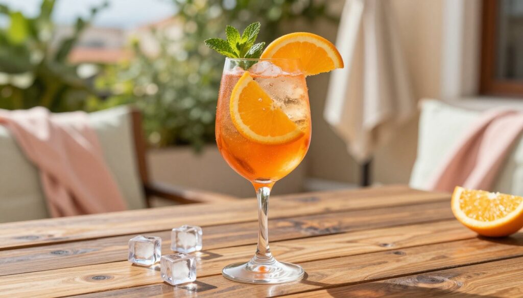 A vibrant and refreshing Aperol spritz cocktail served in a classic, curved glass. In the foreground, the drink is filled with bright orange Aperol, topped with sparkling water, and garnished with fresh orange slices and a sprig of aromatic mint. The middle ground features a rustic wooden table scattered with ice cubes, reflecting the cocktail's refreshing nature. The background fades into a sunny Italian terrace, draped with soft pastel fabrics and surrounded by lush greenery, evoking a laid-back summer vibe. Gentle sunlight filters through, creating a warm, inviting atmosphere. Capture this image from a slightly elevated angle to emphasize the drink's details while showcasing the relaxing setting, ensuring the composition feels lively yet elegant. A vibrant and refreshing Aperol spritz cocktail served in a classic, curved glass. In the foreground, the drink is filled with bright orange Aperol, topped with sparkling water, and garnished with fresh orange slices and a sprig of aromatic mint. The middle ground features a rustic wooden table scattered with ice cubes, reflecting the cocktail's refreshing nature. The background fades into a sunny Italian terrace, draped with soft pastel fabrics and surrounded by lush greenery, evoking a laid-back summer vibe. Gentle sunlight filters through, creating a warm, inviting atmosphere. Capture this image from a slightly elevated angle to emphasize the drink's details while showcasing the relaxing setting, ensuring the composition feels lively yet elegant.