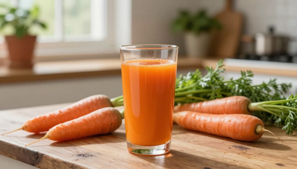 A vibrant and refreshing glass of carrot juice sits prominently in the foreground, its bright orange color contrasting beautifully with a rustic wooden table. Surrounding the glass are fresh, whole carrots, their greenery still attached, hinting at the natural source of the juice. In the middle ground, a soft-focus background reveals a sunny kitchen setting filled with potted herbs and light filtering through a window, creating a warm and inviting atmosphere. The lighting is soft and natural, casting gentle shadows to highlight the smooth texture of the juice and the glossy surface of the carrots. The scene conveys health, vitality, and the nourishing effects of consuming carrot juice regularly. A vibrant and refreshing glass of carrot juice sits prominently in the foreground, its bright orange color contrasting beautifully with a rustic wooden table. Surrounding the glass are fresh, whole carrots, their greenery still attached, hinting at the natural source of the juice. In the middle ground, a soft-focus background reveals a sunny kitchen setting filled with potted herbs and light filtering through a window, creating a warm and inviting atmosphere. The lighting is soft and natural, casting gentle shadows to highlight the smooth texture of the juice and the glossy surface of the carrots. The scene conveys health, vitality, and the nourishing effects of consuming carrot juice regularly.
