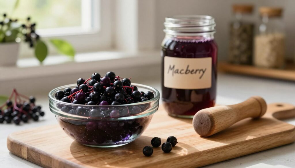 A vibrant and serene kitchen setting, focusing on the process of macerating black elderberries. In the foreground, a clear glass bowl filled with fresh, plump black elderberries, their deep purple color glistening under soft, warm lighting. Beside the bowl, a wooden pestle rests on a smooth cutting board, hinting at the maceration process. In the middle ground, a mason jar labeled with a handwritten note, capturing the essence of homemade elderberry liqueur. The background features a window with sunlight streaming in, illuminating herbs and spices on a shelf, enhancing the cozy atmosphere. The overall mood is inviting and rustic, emphasizing the artisanal craft of elderberry preparation.