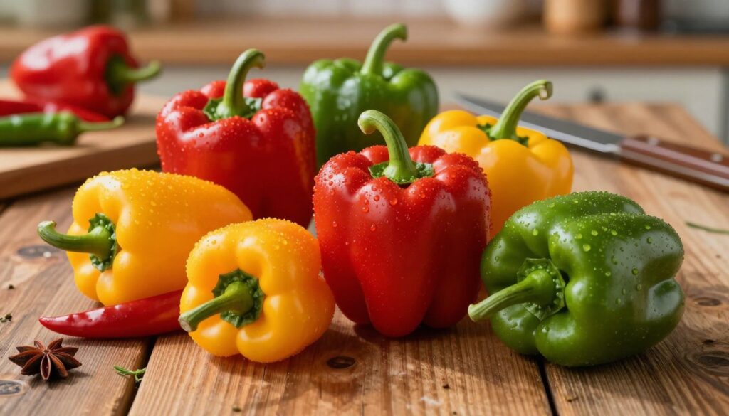 A vibrant and visually stunning scene showcasing a variety of colorful, spicy peppers, specifically focusing on "papryczki." In the foreground, feature an arrangement of these peppers in various stages of ripeness, showcasing their vivid colors of red, yellow, and green, with dewdrops glistening on their surfaces. In the middle ground, incorporate a rustic wooden table with a knife and cutting board, hinting at preparation for cooking. In the background, softly blurred, display a warm kitchen atmosphere with subtle hints of spices and fresh herbs. The lighting should be warm and inviting, casting gentle shadows that enhance the textures of the peppers. The mood is one of excitement and anticipation, inviting the viewer to appreciate these extreme flavors. A vibrant and visually stunning scene showcasing a variety of colorful, spicy peppers, specifically focusing on "papryczki." In the foreground, feature an arrangement of these peppers in various stages of ripeness, showcasing their vivid colors of red, yellow, and green, with dewdrops glistening on their surfaces. In the middle ground, incorporate a rustic wooden table with a knife and cutting board, hinting at preparation for cooking. In the background, softly blurred, display a warm kitchen atmosphere with subtle hints of spices and fresh herbs. The lighting should be warm and inviting, casting gentle shadows that enhance the textures of the peppers. The mood is one of excitement and anticipation, inviting the viewer to appreciate these extreme flavors.