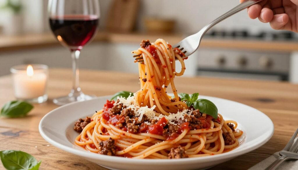 A vibrant, appetizing plate of spaghetti topped with rich bolognese sauce, showcasing finely ground meat in a thick, savory tomato sauce, dotted with fresh basil leaves and a sprinkle of grated Parmesan cheese. The foreground features a fork elegantly twirled in the pasta, capturing the luscious sauce, while the middle ground includes a rustic wooden table setting with a glass of red wine beside a softly glowing candle. In the background, a cozy kitchen ambiance with warm lighting creates an inviting atmosphere, emphasizing the comfort of a home-cooked meal. The image should convey warmth, inviting texture, and a sense of quick culinary joy, ideal for a fast weeknight dinner. Portray a bright, well-composed shot, evoking a sense of indulgence. A vibrant, appetizing plate of spaghetti topped with rich bolognese sauce, showcasing finely ground meat in a thick, savory tomato sauce, dotted with fresh basil leaves and a sprinkle of grated Parmesan cheese. The foreground features a fork elegantly twirled in the pasta, capturing the luscious sauce, while the middle ground includes a rustic wooden table setting with a glass of red wine beside a softly glowing candle. In the background, a cozy kitchen ambiance with warm lighting creates an inviting atmosphere, emphasizing the comfort of a home-cooked meal. The image should convey warmth, inviting texture, and a sense of quick culinary joy, ideal for a fast weeknight dinner. Portray a bright, well-composed shot, evoking a sense of indulgence.