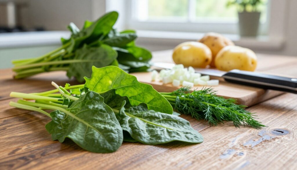 A vibrant arrangement of fresh sorrel leaves and their essential ingredients for making sorrel soup, resting on a rustic wooden table. The foreground features lush, glossy green sorrel leaves, their distinct arrow-like shape, accompanied by potatoes, finely chopped onions, and a sprig of fresh dill. The middle ground showcases a cutting board with a knife beside the ingredients, emphasizing preparation. In the background, soft natural light filters in through a window, creating a warm, inviting atmosphere. The setting evokes a homely, kitchen vibe, perfect for a comforting soup-making scene. The focus of the image should be sharp on the ingredients, with a slight bokeh effect in the background to draw attention to the vibrant colors and textures of the fresh produce. A vibrant arrangement of fresh sorrel leaves and their essential ingredients for making sorrel soup, resting on a rustic wooden table. The foreground features lush, glossy green sorrel leaves, their distinct arrow-like shape, accompanied by potatoes, finely chopped onions, and a sprig of fresh dill. The middle ground showcases a cutting board with a knife beside the ingredients, emphasizing preparation. In the background, soft natural light filters in through a window, creating a warm, inviting atmosphere. The setting evokes a homely, kitchen vibe, perfect for a comforting soup-making scene. The focus of the image should be sharp on the ingredients, with a slight bokeh effect in the background to draw attention to the vibrant colors and textures of the fresh produce.