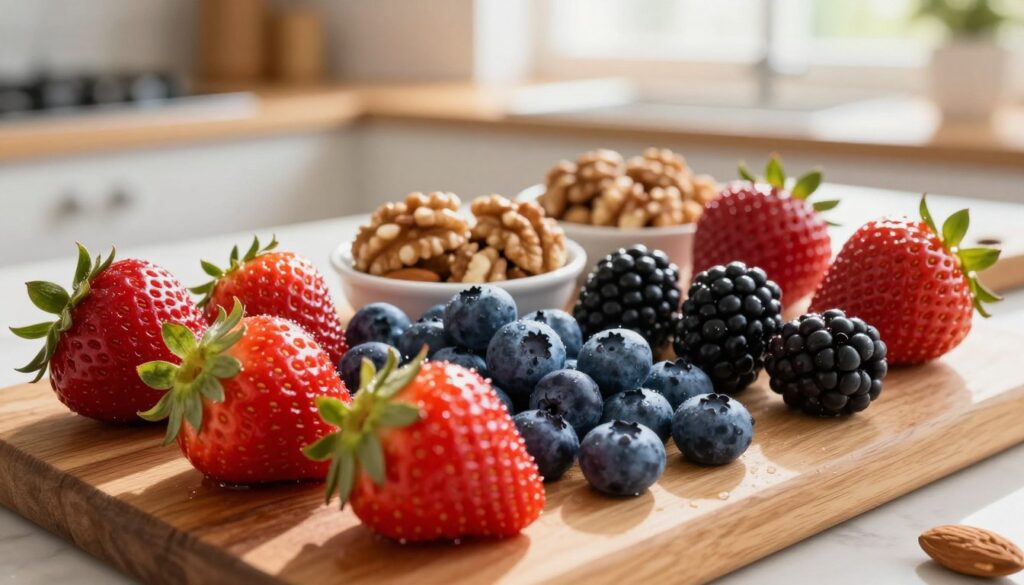 A vibrant arrangement of heart-healthy fruits, including bright red strawberries, luscious blueberries, and rich blackberries, placed artistically on a wooden cutting board. In the foreground, the fruits are glistening with a light dew, showcasing their fresh appeal. In the middle, small bowls filled with nuts such as walnuts and almonds enhance the display, symbolizing a balanced diet. The background features a softly blurred kitchen setting with warm sunlight streaming through a window, creating a cozy and inviting atmosphere. Use a shallow depth of field to emphasize the fruits, and capture the image from a slightly elevated angle to highlight their colors and textures. The overall mood is cheerful, promoting healthy eating and well-being. A vibrant arrangement of heart-healthy fruits, including bright red strawberries, luscious blueberries, and rich blackberries, placed artistically on a wooden cutting board. In the foreground, the fruits are glistening with a light dew, showcasing their fresh appeal. In the middle, small bowls filled with nuts such as walnuts and almonds enhance the display, symbolizing a balanced diet. The background features a softly blurred kitchen setting with warm sunlight streaming through a window, creating a cozy and inviting atmosphere. Use a shallow depth of field to emphasize the fruits, and capture the image from a slightly elevated angle to highlight their colors and textures. The overall mood is cheerful, promoting healthy eating and well-being.