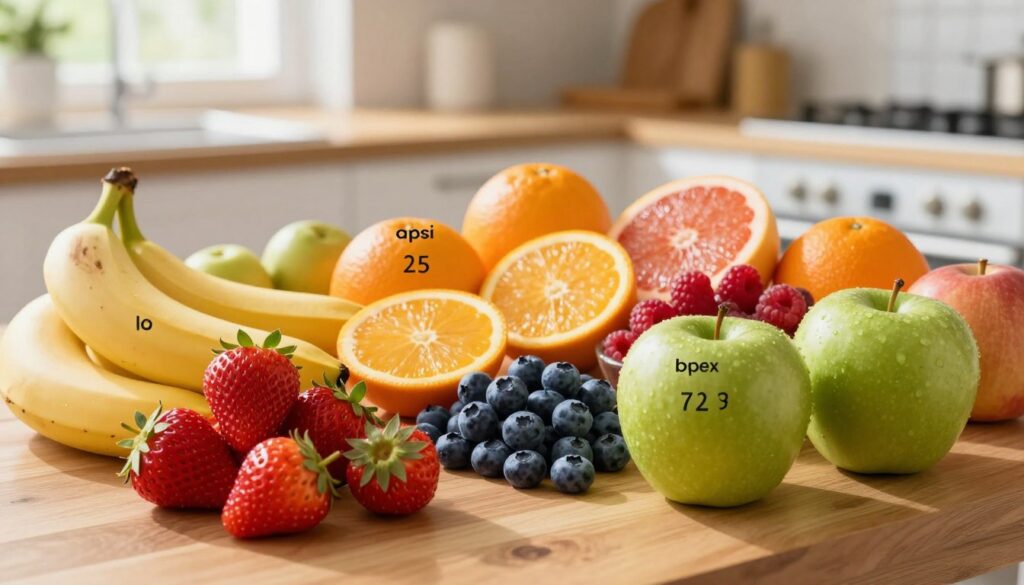 A vibrant arrangement of various fruits, each labeled with their respective glycemic index values, prominently displayed on a wooden table. In the foreground, juicy strawberries, ripe bananas, and bright green apples create a colorful tapestry. In the middle, a mix of citrus fruits such as oranges and grapefruits add zest, while berries like blueberries and raspberries provide texture. The background features a soft-focus kitchen environment, with natural light streaming in through a window, casting warm glows on the fruits. The atmosphere is inviting and educational, aimed at illustrating the concept of glycemic index as a dietary quality indicator. Ensure no text, logos, or watermarks are present, focusing purely on the visual representation of the fruits and their nutritional context. A vibrant arrangement of various fruits, each labeled with their respective glycemic index values, prominently displayed on a wooden table. In the foreground, juicy strawberries, ripe bananas, and bright green apples create a colorful tapestry. In the middle, a mix of citrus fruits such as oranges and grapefruits add zest, while berries like blueberries and raspberries provide texture. The background features a soft-focus kitchen environment, with natural light streaming in through a window, casting warm glows on the fruits. The atmosphere is inviting and educational, aimed at illustrating the concept of glycemic index as a dietary quality indicator. Ensure no text, logos, or watermarks are present, focusing purely on the visual representation of the fruits and their nutritional context.