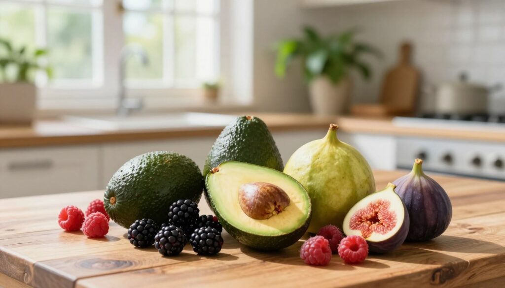 A vibrant assortment of fiber-rich fruits, prominently displayed in the foreground, including avocados, blackberries, raspberries, and figs. The scene is set on a rustic wooden table, where the fruits are elegantly arranged in a colorful, inviting manner. In the middle ground, a soft, blurred view of a sunny kitchen emphasizes a healthy lifestyle, with bright natural light streaming through a window, casting gentle shadows. The background features a lush indoor plant, adding a touch of greenery to the scene, creating a fresh and vibrant atmosphere. The composition should evoke feelings of health and wellness, encouraging the viewer to integrate these fruits into their daily diet. Use a shallow depth of field to draw attention to the fruits, making them the focal point of the image.