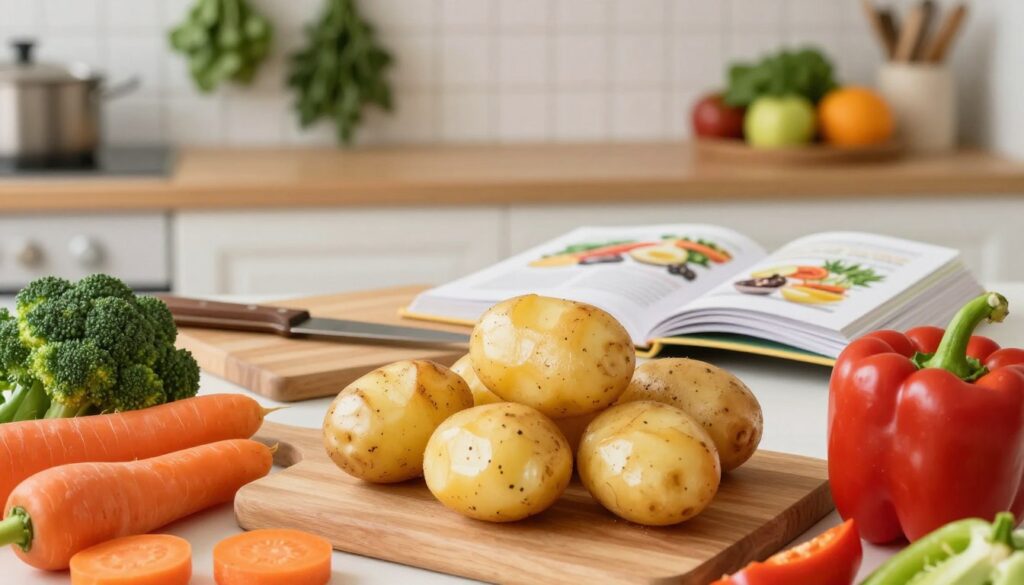 A vibrant, balanced diet composition featuring potatoes as a central element. In the foreground, a colorful array of fresh vegetables including carrots, broccoli, and bell peppers surrounds several perfectly cooked golden-brown potatoes. The middle ground showcases a wooden cutting board with a knife and an open cookbook displaying healthy recipes. In the background, a softly lit kitchen with hanging herbs, and fruits creates a warm, inviting atmosphere, emphasizing health and nourishment. The scene is captured with a shallow depth of field, drawing focus to the potatoes while maintaining a cozy, homey ambiance. Use natural lighting to enhance the colors and create a wholesome feel, evoking the essence of well-rounded nutrition.