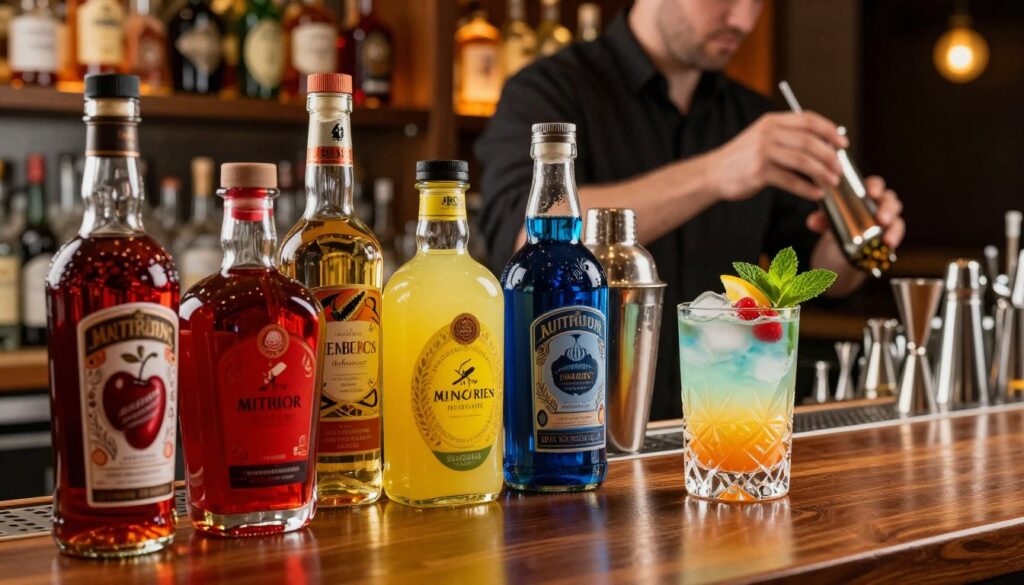 A vibrant bartender's workstation filled with colorful syrups used in cocktail making. In the foreground, a selection of elegant glass bottles with intricate labels, showcasing a variety of vivid syrup colors like cherry red, lemon yellow, and deep blue, positioned artfully on a polished wooden bar. The middle ground features a shaker and a crystal glass filled with an inviting, layered drink, garnished with fresh fruit and a sprig of mint. In the background, softly blurred bar shelves lined with various spirits and bar tools, illuminated by warm, ambient lighting that creates a cozy, inviting atmosphere. The composition conveys a sense of creativity and professionalism in mixology, encapsulating the secret to sophisticated drink combinations. A vibrant bartender's workstation filled with colorful syrups used in cocktail making. In the foreground, a selection of elegant glass bottles with intricate labels, showcasing a variety of vivid syrup colors like cherry red, lemon yellow, and deep blue, positioned artfully on a polished wooden bar. The middle ground features a shaker and a crystal glass filled with an inviting, layered drink, garnished with fresh fruit and a sprig of mint. In the background, softly blurred bar shelves lined with various spirits and bar tools, illuminated by warm, ambient lighting that creates a cozy, inviting atmosphere. The composition conveys a sense of creativity and professionalism in mixology, encapsulating the secret to sophisticated drink combinations.