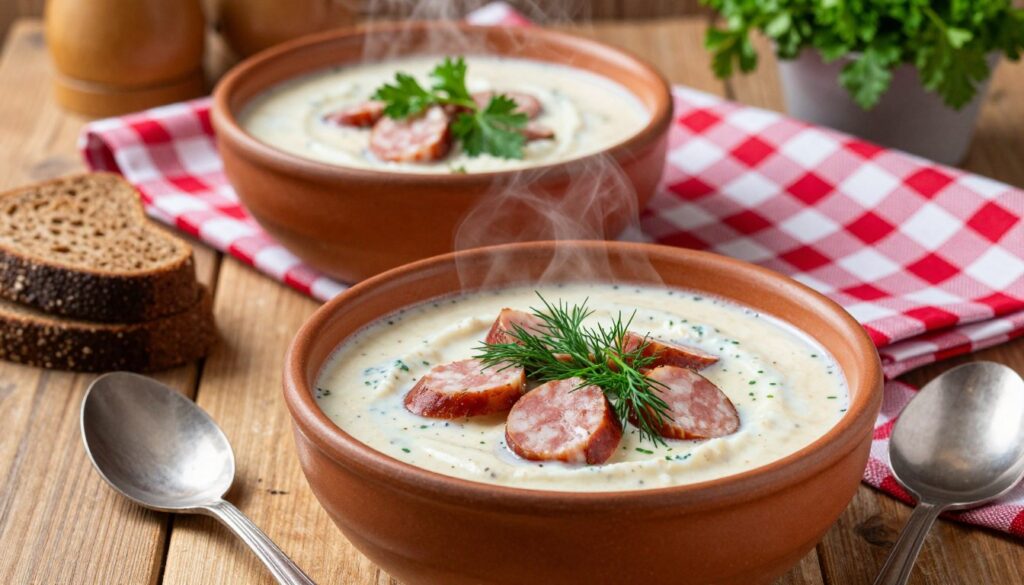 A vibrant bowl of traditional Polish żurek, showcasing its creamy, slightly tangy broth, garnished with fresh dill and slices of savory kielbasa. In the foreground, a wooden table adorned with rustic utensils and a loaf of dark bread complements the dish, emphasizing the homely, comforting nature of the meal. In the middle ground, a steaming bowl rests on a cheery checkered cloth, with a delicate sprig of parsley artfully placed on top. The background features soft, warm lighting that creates an inviting atmosphere, reminiscent of a cozy kitchen. A hint of green from a potted herb adds freshness, while the overall composition conveys a sense of tradition and hearty satisfaction. Capture this moment from an eye-level angle, focusing on the rich textures and colors of the ingredients. A vibrant bowl of traditional Polish żurek, showcasing its creamy, slightly tangy broth, garnished with fresh dill and slices of savory kielbasa. In the foreground, a wooden table adorned with rustic utensils and a loaf of dark bread complements the dish, emphasizing the homely, comforting nature of the meal. In the middle ground, a steaming bowl rests on a cheery checkered cloth, with a delicate sprig of parsley artfully placed on top. The background features soft, warm lighting that creates an inviting atmosphere, reminiscent of a cozy kitchen. A hint of green from a potted herb adds freshness, while the overall composition conveys a sense of tradition and hearty satisfaction. Capture this moment from an eye-level angle, focusing on the rich textures and colors of the ingredients.