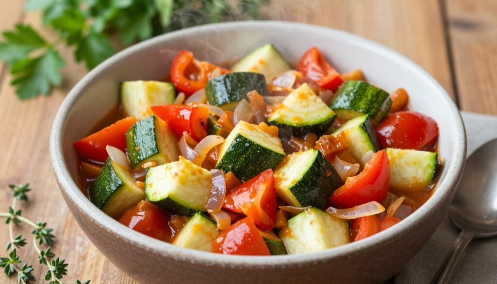 A vibrant bowl of zucchini leczo sits at the forefront, showcasing rich, colorful vegetables like diced zucchini, bell peppers, tomatoes, and onions in a thick, steamy sauce. The bowl is rustic ceramic, with a spoon nestled beside it. In the middle of the frame, the rich texture of the leczo is highlighted, glistening under soft, natural lighting that gently illuminates the scene. The background features a wooden table setting adorned with fresh herbs like parsley and thyme, giving a homely feel. The overall atmosphere is warm and inviting, suggesting a healthy and hearty meal. The image captures an overhead angle, emphasizing the freshness and vibrant colors of the vegetables without any text or distractions. A vibrant bowl of zucchini leczo sits at the forefront, showcasing rich, colorful vegetables like diced zucchini, bell peppers, tomatoes, and onions in a thick, steamy sauce. The bowl is rustic ceramic, with a spoon nestled beside it. In the middle of the frame, the rich texture of the leczo is highlighted, glistening under soft, natural lighting that gently illuminates the scene. The background features a wooden table setting adorned with fresh herbs like parsley and thyme, giving a homely feel. The overall atmosphere is warm and inviting, suggesting a healthy and hearty meal. The image captures an overhead angle, emphasizing the freshness and vibrant colors of the vegetables without any text or distractions.