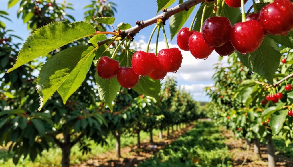 A vibrant cherry orchard in early June, showcasing ripe red cherries hanging from lush green branches. In the foreground, close-up view of clusters of cherries glistening with morning dew, capturing their plump, juicy texture. The middle ground features rows of healthy cherry trees, their foliage a rich deep green, with sunlight filtering through the leaves, creating dappled patterns on the ground. In the background, a clear blue sky with soft, fluffy clouds adds a serene atmosphere. The lighting is warm and inviting, evoking the freshness of early summer. The overall mood is cheerful and lively, perfectly illustrating the beauty of early cherry harvests. A vibrant cherry orchard in early June, showcasing ripe red cherries hanging from lush green branches. In the foreground, close-up view of clusters of cherries glistening with morning dew, capturing their plump, juicy texture. The middle ground features rows of healthy cherry trees, their foliage a rich deep green, with sunlight filtering through the leaves, creating dappled patterns on the ground. In the background, a clear blue sky with soft, fluffy clouds adds a serene atmosphere. The lighting is warm and inviting, evoking the freshness of early summer. The overall mood is cheerful and lively, perfectly illustrating the beauty of early cherry harvests.