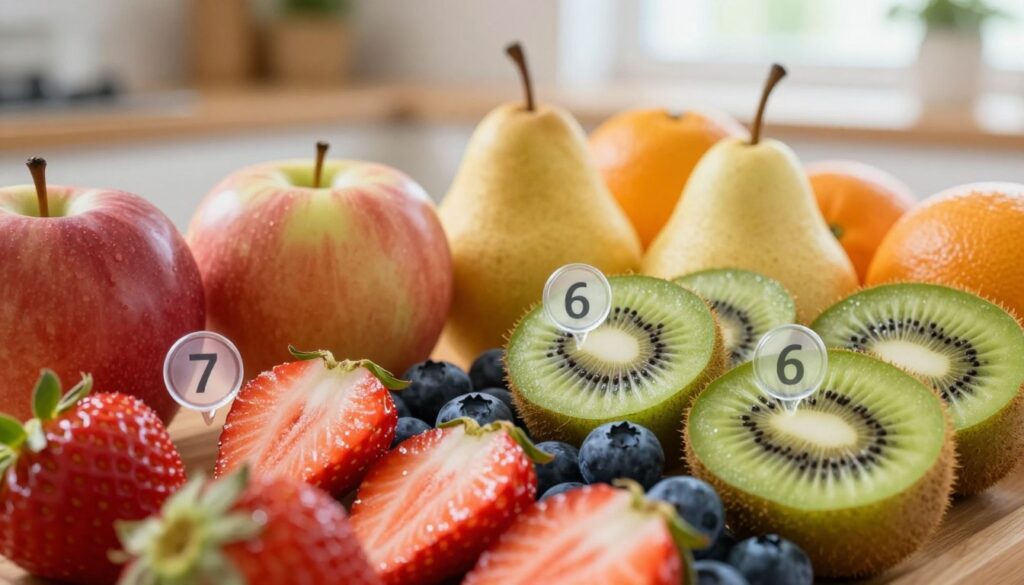 A vibrant, close-up composition of various fruits, showcasing their sugar content visually. In the foreground, display slices of strawberries, blueberries, and kiwi, each highlighted with a small, clear, numbered label indicating their sugar content in grams. In the middle, include whole fruits like apples, pears, and citrus fruits in a rich, natural setting, with a soft focus to emphasize the foreground slices. The background features a blurred wooden table, hinting at a kitchen environment, with natural light streaming in from a window, creating a warm and inviting atmosphere. The mood is informative yet appealing, encouraging viewers to consider healthy fruit choices while maintaining a balanced diet. A vibrant, close-up composition of various fruits, showcasing their sugar content visually. In the foreground, display slices of strawberries, blueberries, and kiwi, each highlighted with a small, clear, numbered label indicating their sugar content in grams. In the middle, include whole fruits like apples, pears, and citrus fruits in a rich, natural setting, with a soft focus to emphasize the foreground slices. The background features a blurred wooden table, hinting at a kitchen environment, with natural light streaming in from a window, creating a warm and inviting atmosphere. The mood is informative yet appealing, encouraging viewers to consider healthy fruit choices while maintaining a balanced diet.