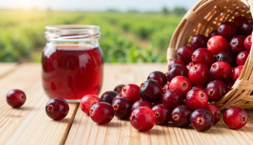 A vibrant, close-up image of fresh cranberries on a wooden table, emphasizing their rich red color and shiny surface. In the foreground, a handful of cranberries spill out of a rustic basket, showcasing the natural texture of the fruits. The middle ground features a small glass jar filled with cranberry juice, reflecting the light and the vibrant colors of the berries. In the background, a blurred image of a lush, green cranberry bog under soft, warm sunlight adds depth to the scene, creating an inviting atmosphere. The focus is on the health benefits of cranberries, particularly related to urinary health, evoking a sense of freshness and vitality. The lighting should be soft yet bright, highlighting the details of the cranberries and creating a cheerful mood.