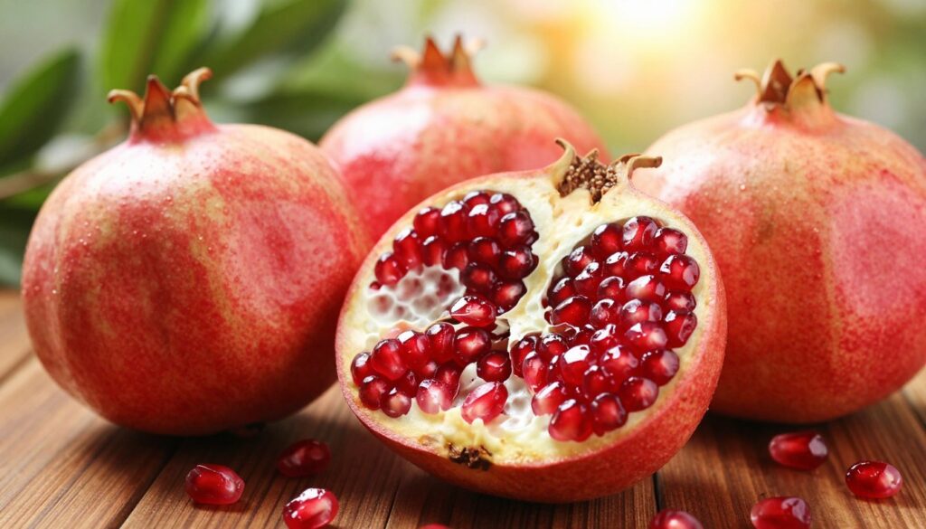 A vibrant, close-up image of fresh pomegranate fruit, showcasing its rich, ruby-red seeds bursting with juice. In the foreground, a half-cut pomegranate reveals its juicy interior, with glistening seeds reflecting light. Surrounding it are scattered whole pomegranates on a dark wooden table, emphasizing their natural sheen. In the background, softly blurred, hints of lush green leaves and warm, diffused sunlight filter through, creating an inviting and healthy atmosphere. Capture the texture and detail of the fruit to emphasize its antioxidant-rich properties. The composition should evoke a sense of freshness and vitality, perfect for promoting its inclusion in a daily diet. Use a shallow depth of field to focus on the pomegranate, while maintaining a warm and inviting overall tone. A vibrant, close-up image of fresh pomegranate fruit, showcasing its rich, ruby-red seeds bursting with juice. In the foreground, a half-cut pomegranate reveals its juicy interior, with glistening seeds reflecting light. Surrounding it are scattered whole pomegranates on a dark wooden table, emphasizing their natural sheen. In the background, softly blurred, hints of lush green leaves and warm, diffused sunlight filter through, creating an inviting and healthy atmosphere. Capture the texture and detail of the fruit to emphasize its antioxidant-rich properties. The composition should evoke a sense of freshness and vitality, perfect for promoting its inclusion in a daily diet. Use a shallow depth of field to focus on the pomegranate, while maintaining a warm and inviting overall tone.
