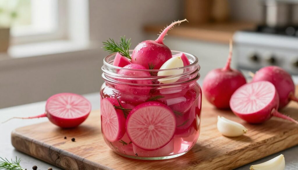 A vibrant, close-up image of pickled radishes, showcasing their glossy, deep pink skin and crisp texture. In the foreground, a small glass jar filled with the radishes, some floating in a lightly spiced brine, garnished with dill and garlic cloves for added character. In the middle, a rustic cutting board with scattered whole radishes and spices to complement the pickling process. The background is softly blurred, hinting at a cozy kitchen environment with warm, inviting lighting spilling in from a nearby window, creating a homey atmosphere. The scene emphasizes a sense of experimentation and creativity in flavor, perfect for a culinary exploration of homemade pickling.