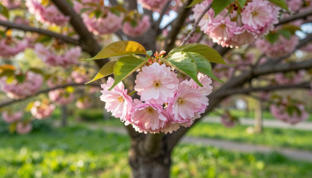 A vibrant close-up of a "czereśniowiśnia Hortensja" cherry tree in full bloom, showcasing its delicate pink flowers and lush green leaves. In the foreground, focus on a few individual blossoms with intricate petal details, dew glistening on them in early morning light. The middle ground features the tree's branches, artistically spread out against a soft-focus background of a tranquil garden setting. Gentle sunlight filters through the leaves, creating a warm and inviting atmosphere that highlights the beauty of this unique variety of cherry tree. Use a shallow depth of field to emphasize the blossoms, with a slightly blurred background of lush greenery, invoking a serene and picturesque mood, perfect for showcasing the horticultural allure of this cherry tree. A vibrant close-up of a "czereśniowiśnia Hortensja" cherry tree in full bloom, showcasing its delicate pink flowers and lush green leaves. In the foreground, focus on a few individual blossoms with intricate petal details, dew glistening on them in early morning light. The middle ground features the tree's branches, artistically spread out against a soft-focus background of a tranquil garden setting. Gentle sunlight filters through the leaves, creating a warm and inviting atmosphere that highlights the beauty of this unique variety of cherry tree. Use a shallow depth of field to emphasize the blossoms, with a slightly blurred background of lush greenery, invoking a serene and picturesque mood, perfect for showcasing the horticultural allure of this cherry tree.