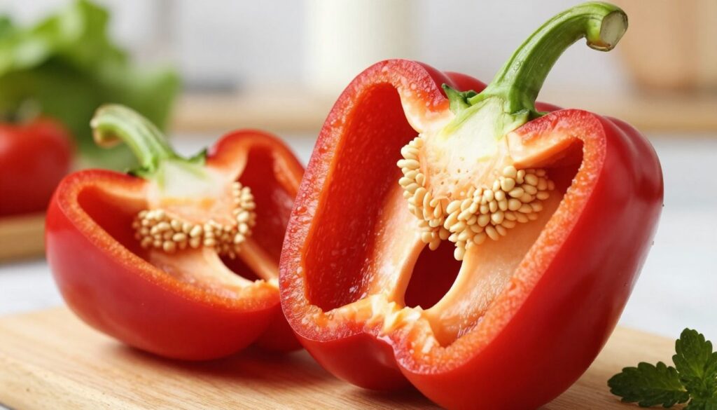 A vibrant close-up of a red bell pepper, showcasing its glossy texture and rich color, placed prominently in the foreground. The pepper is sliced in half, revealing its internal seeds, emphasizing its nutritious qualities. In the background, a soft-focus kitchen setting is visible, with subtle hints of fresh vegetables and herbs, enhancing the theme of healthy eating. The lighting is bright and natural, creating an inviting atmosphere, suggesting freshness and vitality. The composition should be shot from a slightly elevated angle to highlight the details of the pepper while maintaining a clean and aesthetically pleasing look. No text, logos, or watermarks should be included in the image.