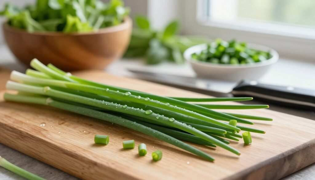 A vibrant close-up of fresh chives (szczypiorek) laid out on a rustic wooden cutting board. The foreground features lush green chives with delicate, slender stalks glistening from a light morning dew. Include a few freshly cut chive pieces artfully scattered around to highlight their texture. In the middle ground, a kitchen knife rests alongside a small bowl filled with chopped chives, suggesting culinary potential. In the background, softly blurred kitchen elements such as a wooden bowl of salad and herbs create an inviting atmosphere. Natural sunlight filters through a nearby window, casting gentle shadows and enhancing the fresh, green hues. The overall mood is bright, fresh, and inviting, drawing the viewer into the world of culinary uses and nutritional benefits of chives.