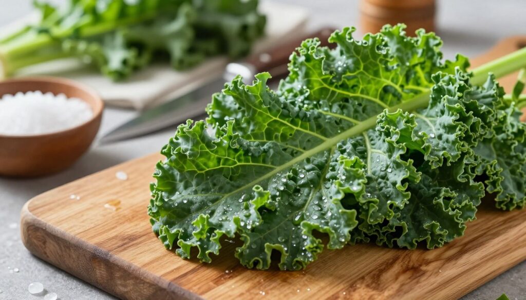A vibrant close-up of fresh kale leaves, showcasing their lush, deep green color and distinctive frilled edges. In the foreground, focus on the kale leaves glistening with drops of water, emphasizing freshness and vitality. The middle ground features a rustic wooden cutting board with a sharp chef's knife and a small bowl of coarse sea salt, suggesting preparation techniques to enhance flavor. In the background, softly blurred kitchen utensils and herbs create a warm culinary atmosphere, evoking a sense of home cooking. The lighting is bright and natural, highlighting the textures of the kale while casting soft shadows. The overall mood is inviting and healthy, encouraging viewers to appreciate the beauty of kale preparation.