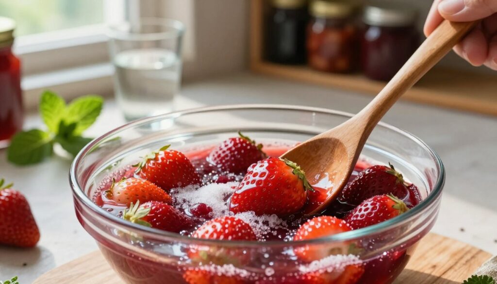 A vibrant, close-up shot of fresh strawberries being macerated in a glass bowl, their juices glistening as they intermingle with sugar. In the foreground, a wooden spoon stirs the mixture gently, showcasing the transformation of the berries. The middle ground features a rustic kitchen counter with scattered mint leaves and a small glass of clear distilled spirit, hinting at the process of infusing flavors. Soft, natural sunlight filters through a nearby window, casting a warm glow and creating a cozy, inviting atmosphere. In the background, blurred shelves lined with jars of homemade preserves enhance the artisanal theme. The overall mood is fresh and summery, reflecting the essence of seasonal flavors combining beautifully. A vibrant, close-up shot of fresh strawberries being macerated in a glass bowl, their juices glistening as they intermingle with sugar. In the foreground, a wooden spoon stirs the mixture gently, showcasing the transformation of the berries. The middle ground features a rustic kitchen counter with scattered mint leaves and a small glass of clear distilled spirit, hinting at the process of infusing flavors. Soft, natural sunlight filters through a nearby window, casting a warm glow and creating a cozy, inviting atmosphere. In the background, blurred shelves lined with jars of homemade preserves enhance the artisanal theme. The overall mood is fresh and summery, reflecting the essence of seasonal flavors combining beautifully.