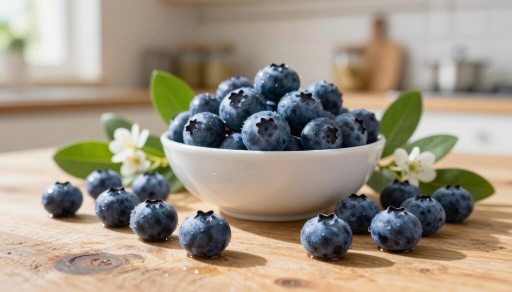 A vibrant cluster of ripe American blueberries, known as "borówki amerykańskie," rests atop a rustic wooden table, showcasing their deep blue hue and subtle sheen. In the foreground, a few blueberries are scattered, with droplets of water glistening on their surface, emphasizing freshness. The middle ground features a beautifully arranged bowl filled with blueberries, surrounded by lush green leaves and hints of delicate white flowers. The background is softly blurred, depicting a sunlit kitchen with wooden shelves lined with jars and kitchen tools, creating a warm and inviting atmosphere. The light is natural and bright, suggesting a late afternoon sun pouring in, with a shallow depth of field to draw focus to the blueberries. The overall mood is cheerful and seasonal, celebrating the abundance of summer fruits. A vibrant cluster of ripe American blueberries, known as "borówki amerykańskie," rests atop a rustic wooden table, showcasing their deep blue hue and subtle sheen. In the foreground, a few blueberries are scattered, with droplets of water glistening on their surface, emphasizing freshness. The middle ground features a beautifully arranged bowl filled with blueberries, surrounded by lush green leaves and hints of delicate white flowers. The background is softly blurred, depicting a sunlit kitchen with wooden shelves lined with jars and kitchen tools, creating a warm and inviting atmosphere. The light is natural and bright, suggesting a late afternoon sun pouring in, with a shallow depth of field to draw focus to the blueberries. The overall mood is cheerful and seasonal, celebrating the abundance of summer fruits.