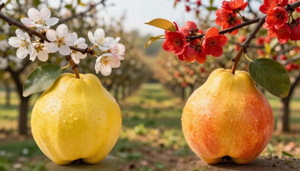 A vibrant composition showcasing the differences between quince (Cydonia oblonga) and Japanese quince (Chaenomeles japonica). In the foreground, depict a ripe quince with its distinct golden-yellow skin, alongside a Japanese quince fruit displaying its unique reddish-orange hue. Include leaves from each plant to highlight their differences. In the middle ground, place a branch of each tree, emphasizing the contrasting flowers—delicate white or pale pink blooms of the quince next to the bright, bold blossoms of the Japanese quince. In the background, create a soft focus of a picturesque orchard under warm, golden sunlight, enhancing the natural aesthetic. Use a shallow depth of field to draw attention to the fruits and flowers while maintaining an inviting and educational atmosphere. A vibrant composition showcasing the differences between quince (Cydonia oblonga) and Japanese quince (Chaenomeles japonica). In the foreground, depict a ripe quince with its distinct golden-yellow skin, alongside a Japanese quince fruit displaying its unique reddish-orange hue. Include leaves from each plant to highlight their differences. In the middle ground, place a branch of each tree, emphasizing the contrasting flowers—delicate white or pale pink blooms of the quince next to the bright, bold blossoms of the Japanese quince. In the background, create a soft focus of a picturesque orchard under warm, golden sunlight, enhancing the natural aesthetic. Use a shallow depth of field to draw attention to the fruits and flowers while maintaining an inviting and educational atmosphere.