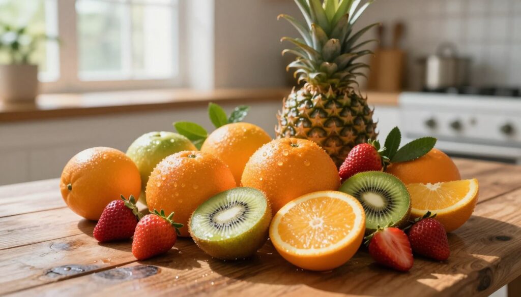 A vibrant composition showcasing various fruits rich in vitamin C, such as oranges, strawberries, kiwis, and pineapples, arranged artistically on a rustic wooden table. In the foreground, focus on the glistening, freshly cut fruits, with droplets of water to emphasize freshness. In the middle, include whole fruits placed harmoniously with greenery to symbolize natural growth. The background features a soft-focused kitchen setting with warm, natural light pouring in from a large window, casting gentle shadows. The atmosphere conveys a sense of health and vitality, aiming to inspire a nutritious lifestyle. Use a shallow depth of field to draw attention to the fruits while maintaining a cozy, inviting ambiance. A vibrant composition showcasing various fruits rich in vitamin C, such as oranges, strawberries, kiwis, and pineapples, arranged artistically on a rustic wooden table. In the foreground, focus on the glistening, freshly cut fruits, with droplets of water to emphasize freshness. In the middle, include whole fruits placed harmoniously with greenery to symbolize natural growth. The background features a soft-focused kitchen setting with warm, natural light pouring in from a large window, casting gentle shadows. The atmosphere conveys a sense of health and vitality, aiming to inspire a nutritious lifestyle. Use a shallow depth of field to draw attention to the fruits while maintaining a cozy, inviting ambiance.