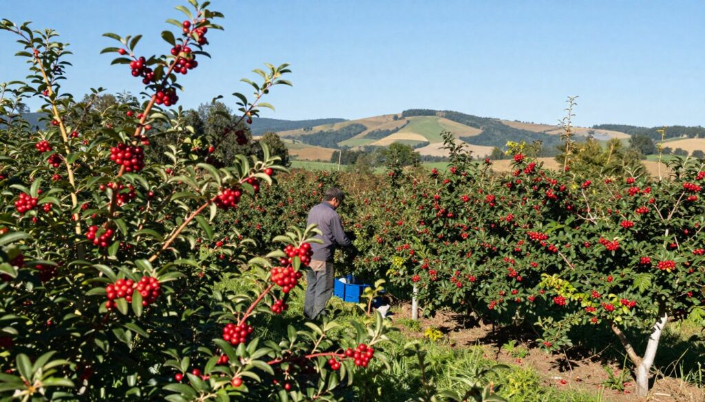 A vibrant cranberry cultivation scene, showcasing rows of lush cranberry bushes laden with bright red berries in the foreground. In the middle, include a gardener dressed in casual, professional attire tending to the plants, illustrating the practice of home gardening. The background features a picturesque landscape with rolling hills and a clear blue sky, creating a serene atmosphere. Soft, natural sunlight bathes the scene, enhancing the vivid colors of the fruits and greenery. The composition should capture a sense of tranquility and the rewarding experience of growing cranberries, inviting viewers to consider the benefits of introducing cranberries into their home gardens.