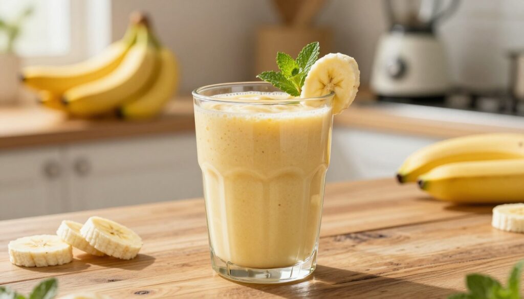 A vibrant, creamy banana smoothie in a transparent glass sits on a rustic wooden table, garnished with a slice of banana and a sprig of mint. The smoothie has a velvety texture, showcasing shades of yellow and light brown. In the blurred background, a sunny kitchen scene is visible, featuring soft, warm lighting that enhances the inviting atmosphere. There are fresh bananas and a blender on the counter, adding to the setting. A light reflects off the smooth surface of the drink, creating a refreshing look. The composition is shot from a slight overhead angle, giving a sense of warmth and comfort, perfect for a breakfast or snack time. The mood is cheerful and wholesome, ideal for promoting a healthy lifestyle. A vibrant, creamy banana smoothie in a transparent glass sits on a rustic wooden table, garnished with a slice of banana and a sprig of mint. The smoothie has a velvety texture, showcasing shades of yellow and light brown. In the blurred background, a sunny kitchen scene is visible, featuring soft, warm lighting that enhances the inviting atmosphere. There are fresh bananas and a blender on the counter, adding to the setting. A light reflects off the smooth surface of the drink, creating a refreshing look. The composition is shot from a slight overhead angle, giving a sense of warmth and comfort, perfect for a breakfast or snack time. The mood is cheerful and wholesome, ideal for promoting a healthy lifestyle.