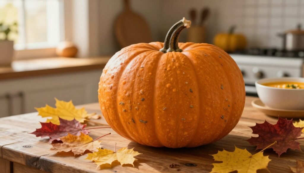 A vibrant display of a freshly harvested pumpkin, with deep orange skin showcasing its natural textures and imperfections, rests atop a rustic wooden table. Surrounding the pumpkin are rich autumn leaves in hues of yellow, red, and brown, enhancing the seasonal atmosphere. In the background, a softly lit kitchen scene is visible, with warm sunlight filtering through a window, creating a cozy and inviting glow. A few kitchen utensils and a hint of an inviting bowl of creamy pumpkin soup can be seen subtly in the distance, but the focus remains on the pumpkin itself. The mood is warm and inviting, perfectly capturing the essence of autumn and the concept of comfort food. Use a shallow depth of field to highlight the pumpkin in the foreground while softly blurring the background details.
