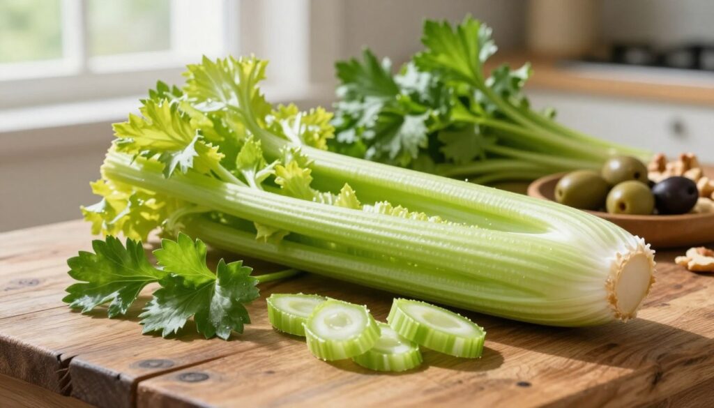 A vibrant display of celery stalks, showcasing their crisp texture and rich green color, arranged artfully on a rustic wooden table. In the foreground, a few whole stalks are laid next to a sliced section, emphasizing the fresh cut edges. The middle ground features an assortment of healthy ingredients like nuts and olives, highlighting the nutritional aspects of celery. Soft, natural lighting filters through a nearby window, creating delicate shadows and enhancing the fresh, organic feel of the scene. In the background, blurred kitchen herbs add depth and context, evoking a wholesome atmosphere that aligns with the theme of nutrition and health. The overall mood is fresh, inviting and educational, perfect for illustrating the nutrient properties of celery. A vibrant display of celery stalks, showcasing their crisp texture and rich green color, arranged artfully on a rustic wooden table. In the foreground, a few whole stalks are laid next to a sliced section, emphasizing the fresh cut edges. The middle ground features an assortment of healthy ingredients like nuts and olives, highlighting the nutritional aspects of celery. Soft, natural lighting filters through a nearby window, creating delicate shadows and enhancing the fresh, organic feel of the scene. In the background, blurred kitchen herbs add depth and context, evoking a wholesome atmosphere that aligns with the theme of nutrition and health. The overall mood is fresh, inviting and educational, perfect for illustrating the nutrient properties of celery.
