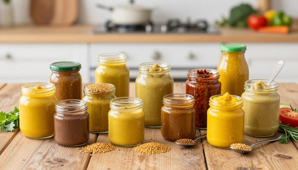 A vibrant display of diverse mustard varieties, arranged artistically on a rustic wooden table. In the foreground, various jars of yellow, brown, and spicy mustard showcase their unique textures and colors, some accompanied by small tasting spoons. In the middle ground, fresh ingredients like mustard seeds, aromatic herbs, and sliced vegetables provide depth and context. The background features a soft-focus kitchen setting, with warm lighting that enhances the inviting atmosphere. The scene captures a sense of culinary exploration, celebrating the flavors and uses of mustard in everyday cooking. The image should evoke a sense of diversity and richness, without any text or watermarks. A vibrant display of diverse mustard varieties, arranged artistically on a rustic wooden table. In the foreground, various jars of yellow, brown, and spicy mustard showcase their unique textures and colors, some accompanied by small tasting spoons. In the middle ground, fresh ingredients like mustard seeds, aromatic herbs, and sliced vegetables provide depth and context. The background features a soft-focus kitchen setting, with warm lighting that enhances the inviting atmosphere. The scene captures a sense of culinary exploration, celebrating the flavors and uses of mustard in everyday cooking. The image should evoke a sense of diversity and richness, without any text or watermarks.