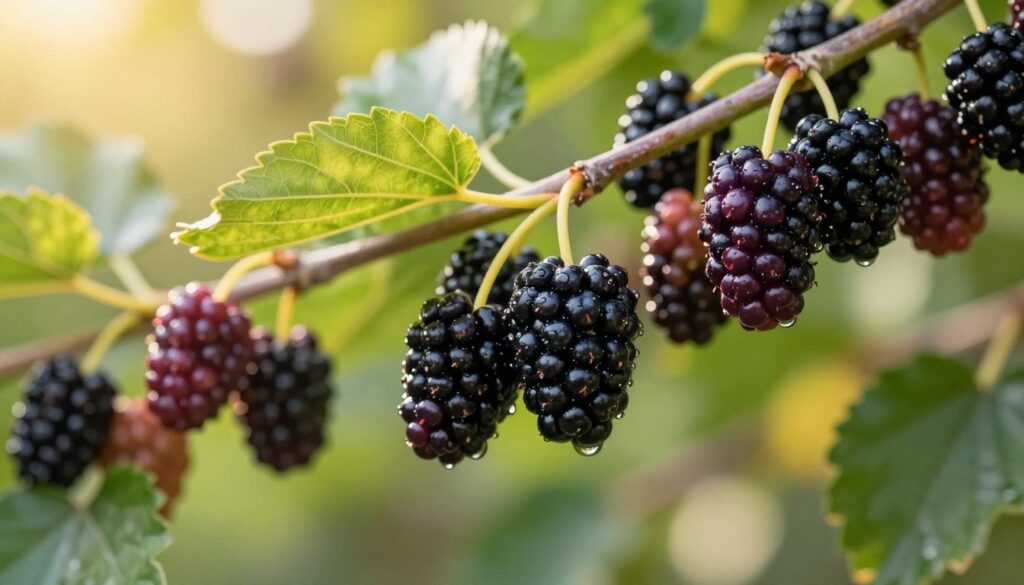 A vibrant display of ripe black mulberries hanging from lush green branches, set against a softly blurred natural background. In the foreground, the dark, glossy fruits glisten with morning dew, showcasing their rich purple-black color and delicate texture. Bathed in warm, golden sunlight filtering through the leaves, the scene evokes a sense of freshness and vitality. The middle ground features a few leaves, highlighting the berries' natural habitat, while the background remains softly out of focus, suggesting a tranquil garden setting. The image should convey a warm, inviting atmosphere that reflects the health benefits and vitality associated with black mulberries. A vibrant display of ripe black mulberries hanging from lush green branches, set against a softly blurred natural background. In the foreground, the dark, glossy fruits glisten with morning dew, showcasing their rich purple-black color and delicate texture. Bathed in warm, golden sunlight filtering through the leaves, the scene evokes a sense of freshness and vitality. The middle ground features a few leaves, highlighting the berries' natural habitat, while the background remains softly out of focus, suggesting a tranquil garden setting. The image should convey a warm, inviting atmosphere that reflects the health benefits and vitality associated with black mulberries.