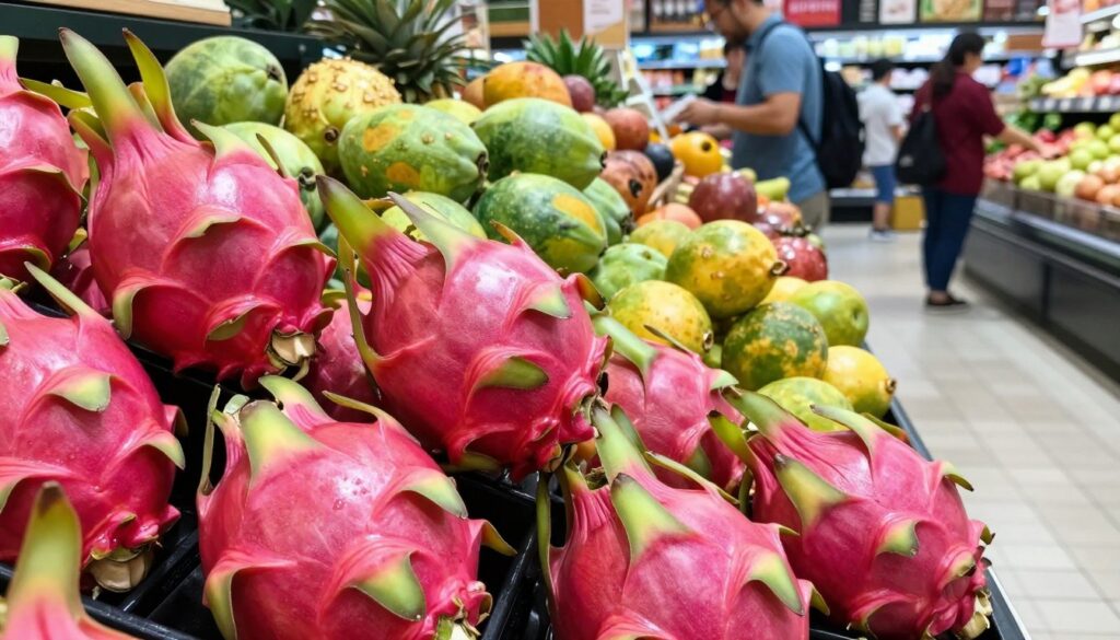 A vibrant display of ripe dragon fruits in a grocery store setting. In the foreground, showcase several dragon fruits, their bright pink and green spiky skin glistening under soft, natural light. The middle ground features a well-organized produce section with various tropical fruits, creating an inviting shopping atmosphere. Capture the details of the dragon fruit's texture, emphasizing its unique appearance. In the background, slightly blurred, include customers interacting with produce, dressed casually, emphasizing a lively marketplace vibe. Use a slightly overhead angle to enhance the layout, focusing on the dragon fruits being the primary subject. The overall mood should be fresh, bright, and inviting, evoking a sense of excitement about healthy choices. A vibrant display of ripe dragon fruits in a grocery store setting. In the foreground, showcase several dragon fruits, their bright pink and green spiky skin glistening under soft, natural light. The middle ground features a well-organized produce section with various tropical fruits, creating an inviting shopping atmosphere. Capture the details of the dragon fruit's texture, emphasizing its unique appearance. In the background, slightly blurred, include customers interacting with produce, dressed casually, emphasizing a lively marketplace vibe. Use a slightly overhead angle to enhance the layout, focusing on the dragon fruits being the primary subject. The overall mood should be fresh, bright, and inviting, evoking a sense of excitement about healthy choices.