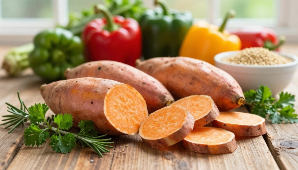 A vibrant display of sweet potatoes sliced open, revealing their rich orange flesh, arranged artfully on a rustic wooden table. In the foreground, fresh herbs like parsley and rosemary surround the sweet potatoes, emphasizing their nutritional value. In the background, a soft-focus blurred arrangement of colorful bell peppers, greens, and a bowl of quinoa creates a wholesome scene, conveying a variety of healthy foods. Natural sunlight filters through a nearby window, casting warm, inviting light across the table surface. The mood should feel fresh and nutritious, inviting the viewer to appreciate the vitamins and health benefits associated with sweet potatoes. A vibrant display of sweet potatoes sliced open, revealing their rich orange flesh, arranged artfully on a rustic wooden table. In the foreground, fresh herbs like parsley and rosemary surround the sweet potatoes, emphasizing their nutritional value. In the background, a soft-focus blurred arrangement of colorful bell peppers, greens, and a bowl of quinoa creates a wholesome scene, conveying a variety of healthy foods. Natural sunlight filters through a nearby window, casting warm, inviting light across the table surface. The mood should feel fresh and nutritious, inviting the viewer to appreciate the vitamins and health benefits associated with sweet potatoes.