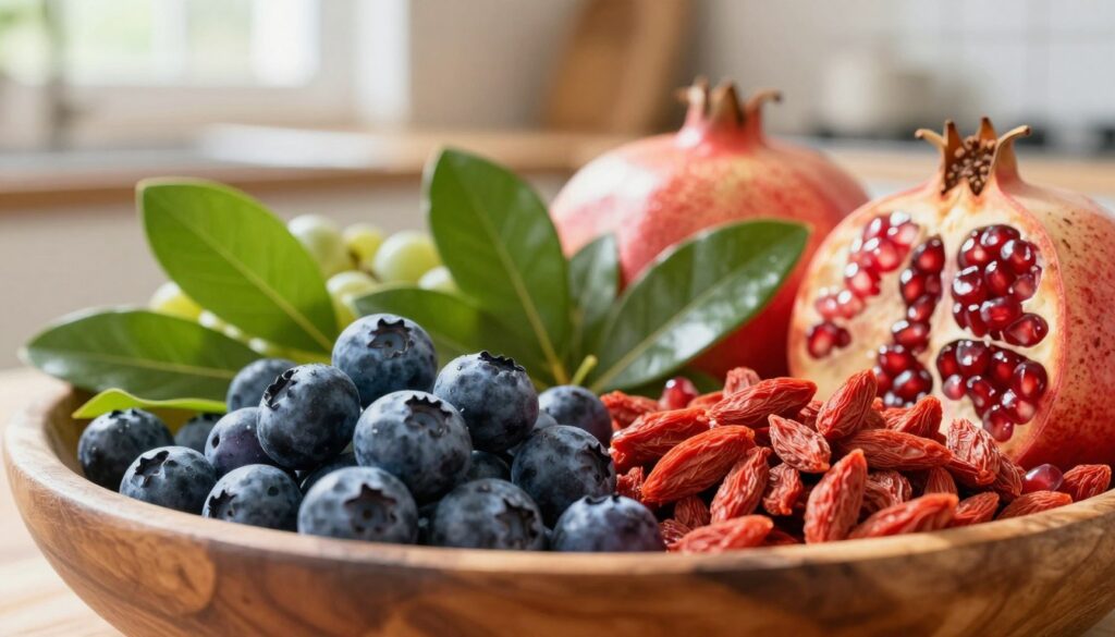 A vibrant display of various antioxidant-rich fruits arranged in an elegant wooden bowl, with blueberries, pomegranates, and goji berries prominently featured in the foreground. The middle layer showcases lush green leaves, adding a fresh, organic feel to the composition. The background features a softly blurred kitchen setting, illuminated by warm, natural light streaming through a window, casting gentle shadows that enhance the fruits’ colors. The image captures a sense of health and vitality, emphasizing the benefits of these fruits in a nutritious diet. Use a macro lens to create a close-up perspective that highlights the textures and details of the fruits, evoking a mood of wellness and abundance. A vibrant display of various antioxidant-rich fruits arranged in an elegant wooden bowl, with blueberries, pomegranates, and goji berries prominently featured in the foreground. The middle layer showcases lush green leaves, adding a fresh, organic feel to the composition. The background features a softly blurred kitchen setting, illuminated by warm, natural light streaming through a window, casting gentle shadows that enhance the fruits’ colors. The image captures a sense of health and vitality, emphasizing the benefits of these fruits in a nutritious diet. Use a macro lens to create a close-up perspective that highlights the textures and details of the fruits, evoking a mood of wellness and abundance.