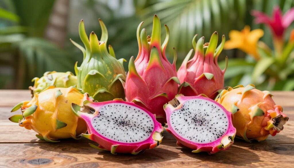 A vibrant display of various pitahaya (dragon fruit) varieties arranged artfully on a rustic wooden table. In the foreground, ripe red and yellow pitahaya fruits are cut in half, showcasing their striking pink and white flesh speckled with tiny black seeds. The middle ground features the whole fruit, highlighting the unique textured skin with green and pink scales. The background is softly blurred, suggesting a tropical garden with lush green foliage and hints of colorful flowers, creating an exotic atmosphere. Natural sunlight filters through, enhancing the colors and casting gentle shadows. The scene evokes a fresh, inviting mood, emphasizing the deliciousness of pitahaya varieties, perfect for an article on enjoying this unique fruit. A vibrant display of various pitahaya (dragon fruit) varieties arranged artfully on a rustic wooden table. In the foreground, ripe red and yellow pitahaya fruits are cut in half, showcasing their striking pink and white flesh speckled with tiny black seeds. The middle ground features the whole fruit, highlighting the unique textured skin with green and pink scales. The background is softly blurred, suggesting a tropical garden with lush green foliage and hints of colorful flowers, creating an exotic atmosphere. Natural sunlight filters through, enhancing the colors and casting gentle shadows. The scene evokes a fresh, inviting mood, emphasizing the deliciousness of pitahaya varieties, perfect for an article on enjoying this unique fruit.