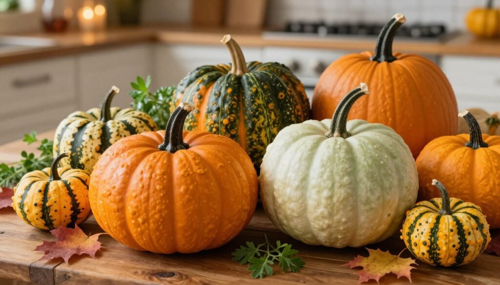 A vibrant display of various pumpkin varieties, showcasing their unique shapes, colors, and textures. In the foreground, a glossy, deep orange pumpkin with a slightly ribbed surface sits next to a pale green heirloom pumpkin, surrounded by a scattering of small, speckled gourds. In the middle of the scene, a rustic wooden table is adorned with fresh herbs and autumn leaves, adding warmth and context to the composition. In the background, a softly blurred kitchen setting features warm, inviting lighting, creating a cozy atmosphere. The angle is slightly overhead, allowing all pumpkins to be prominently featured. The overall mood is inviting and harmonious, ideal for culinary exploration and healthy cooking. A vibrant display of various pumpkin varieties, showcasing their unique shapes, colors, and textures. In the foreground, a glossy, deep orange pumpkin with a slightly ribbed surface sits next to a pale green heirloom pumpkin, surrounded by a scattering of small, speckled gourds. In the middle of the scene, a rustic wooden table is adorned with fresh herbs and autumn leaves, adding warmth and context to the composition. In the background, a softly blurred kitchen setting features warm, inviting lighting, creating a cozy atmosphere. The angle is slightly overhead, allowing all pumpkins to be prominently featured. The overall mood is inviting and harmonious, ideal for culinary exploration and healthy cooking.