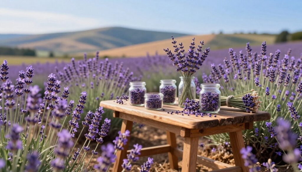 A vibrant field of lavender flowers in full bloom fills the foreground, showcasing the delicate, purple blossoms swaying gently in a soft breeze. In the middle of the scene, a rustic, wooden table is adorned with small glass jars filled with dried lavender, capturing the essence of the aromatic ingredient. The background features rolling hills under a bright blue sky, with a warm golden light casting gentle shadows, creating an inviting atmosphere. Soft focus is applied to the distant landscape, highlighting the vibrant colors of the lavender while providing a dreamy, serene mood. The image evokes a sense of tranquility and floral abundance, ideal for celebrating the essential ingredients in a lavender-based concoction.