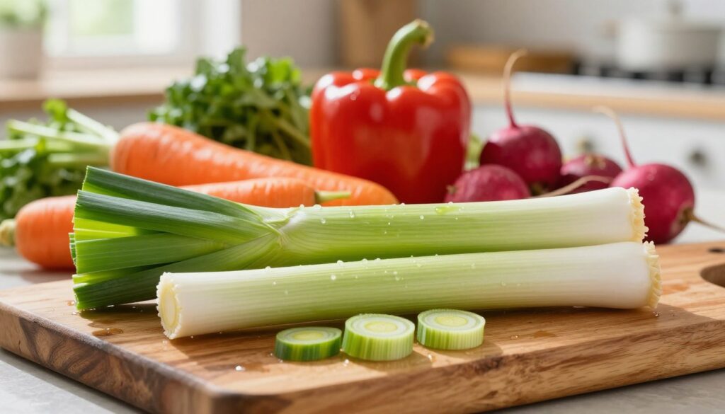 A vibrant, fresh leek, cut into uniform pieces, is prominently displayed in the foreground on a rustic wooden cutting board, glistening with moisture. The middle ground features a variety of colorful fresh vegetables like carrots, bell peppers, and radishes, all beautifully arranged to highlight their crisp textures. In the background, softly blurred, a kitchen setting evokes a warm and inviting atmosphere, with natural light streaming through a nearby window, casting delicate shadows. The overall mood is fresh and cheerful, emphasizing the preparation of healthy ingredients for a crunchy salad. Use a shallow depth of field to emphasize the leek and vegetables, ensuring a well-composed image that draws the viewer’s attention directly to the ingredients. A vibrant, fresh leek, cut into uniform pieces, is prominently displayed in the foreground on a rustic wooden cutting board, glistening with moisture. The middle ground features a variety of colorful fresh vegetables like carrots, bell peppers, and radishes, all beautifully arranged to highlight their crisp textures. In the background, softly blurred, a kitchen setting evokes a warm and inviting atmosphere, with natural light streaming through a nearby window, casting delicate shadows. The overall mood is fresh and cheerful, emphasizing the preparation of healthy ingredients for a crunchy salad. Use a shallow depth of field to emphasize the leek and vegetables, ensuring a well-composed image that draws the viewer’s attention directly to the ingredients.