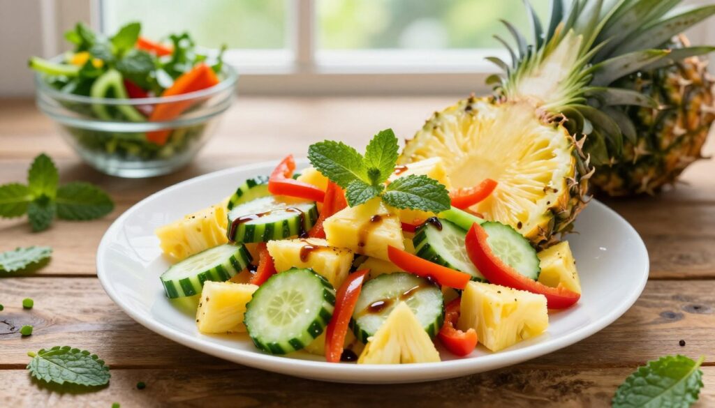 A vibrant, fresh pineapple salad elegantly arranged on a white ceramic plate, featuring juicy pineapple chunks, crisp cucumber slices, and colorful bell peppers. In the foreground, the salad is garnished with a sprinkle of mint leaves and a light drizzle of balsamic glaze, enhancing its sweet and savory appeal. The middle ground features a rustic wooden table, scattered with chopped herbs and a glass bowl overflowing with fresh ingredients. In the background, soft natural light filters through a window, creating a warm and inviting atmosphere. The angle is slightly overhead, capturing the textures and colors beautifully, invoking a sense of creativity and celebration.