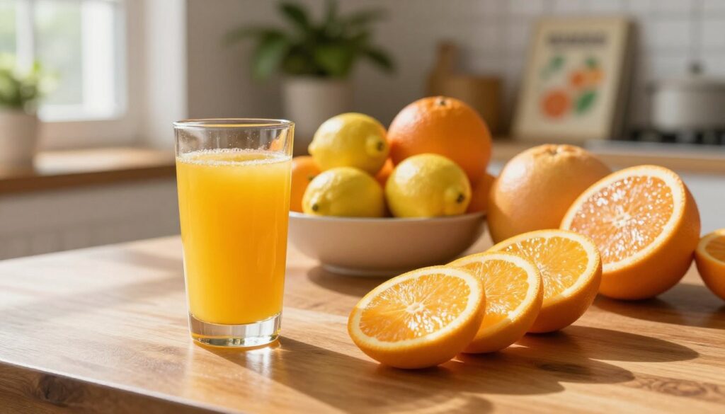A vibrant, freshly squeezed glass of orange juice sits on a polished wooden table, glistening in warm, natural light that streams through a nearby window. In the foreground, slices of bright, juicy oranges are artistically arranged, showcasing their rich orange color and texture. In the middle ground, a bowl filled with various citrus fruits, including lemons and grapefruits, emphasizes the health benefits of vitamin-rich foods. The background features a softly blurred kitchen setting with green plants and health-related cookbooks, creating a wholesome and inviting atmosphere. The overall mood is refreshing and invigorating, evoking feelings of vitality and wellness, while highlighting the positive impact of regular orange juice consumption on health. Use a wide-angle lens to capture rich details and textures, enhancing the imagery. A vibrant, freshly squeezed glass of orange juice sits on a polished wooden table, glistening in warm, natural light that streams through a nearby window. In the foreground, slices of bright, juicy oranges are artistically arranged, showcasing their rich orange color and texture. In the middle ground, a bowl filled with various citrus fruits, including lemons and grapefruits, emphasizes the health benefits of vitamin-rich foods. The background features a softly blurred kitchen setting with green plants and health-related cookbooks, creating a wholesome and inviting atmosphere. The overall mood is refreshing and invigorating, evoking feelings of vitality and wellness, while highlighting the positive impact of regular orange juice consumption on health. Use a wide-angle lens to capture rich details and textures, enhancing the imagery.