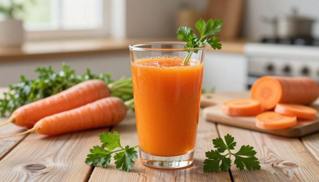 A vibrant glass of freshly squeezed carrot juice, sitting on a rustic wooden table. In the foreground, the juice has a rich orange hue and is delicately garnished with fresh parsley. In the middle ground, there are scattered whole carrots and a cutting board with slices of raw carrots, enhancing the juicing theme. The background features a blurred kitchen setting with warm, natural light streaming in through a window, creating a cozy and inviting atmosphere. Soft focus highlights the juice to draw attention to its health benefits, symbolizing vitality and wellness, reflecting its potential benefits in combating cancerous diseases. The image conveys a sense of freshness and encourages a healthy lifestyle. A vibrant glass of freshly squeezed carrot juice, sitting on a rustic wooden table. In the foreground, the juice has a rich orange hue and is delicately garnished with fresh parsley. In the middle ground, there are scattered whole carrots and a cutting board with slices of raw carrots, enhancing the juicing theme. The background features a blurred kitchen setting with warm, natural light streaming in through a window, creating a cozy and inviting atmosphere. Soft focus highlights the juice to draw attention to its health benefits, symbolizing vitality and wellness, reflecting its potential benefits in combating cancerous diseases. The image conveys a sense of freshness and encourages a healthy lifestyle.