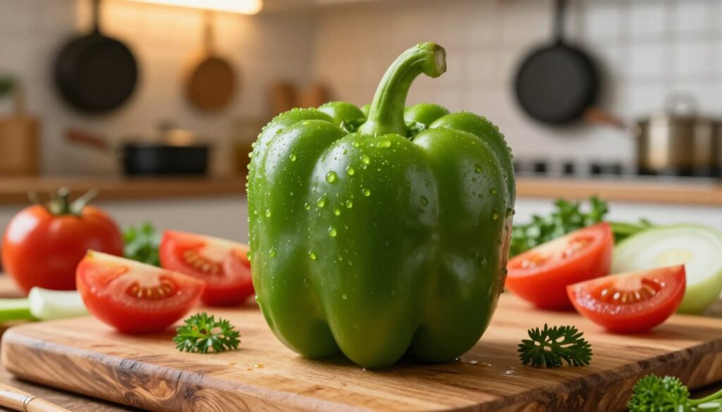 A vibrant green bell pepper, glistening with freshness and dew, sits prominently in the foreground, showcasing its glossy skin and distinct shape. Surrounding it are an array of colorful vegetables including diced tomatoes, onions, and herbs, arranged artfully on a rustic wooden cutting board. In the background, warm kitchen lighting casts a cozy atmosphere, illuminating a soft-focus scene of a traditional kitchen with pots and pans hanging. The angle is slightly elevated, capturing the enticing details of the green pepper while hinting at the bustling kitchen dynamics. The mood is inviting and homey, emphasizing the creative culinary opportunities that green bell peppers present in cooking. No text or distractions are included. A vibrant green bell pepper, glistening with freshness and dew, sits prominently in the foreground, showcasing its glossy skin and distinct shape. Surrounding it are an array of colorful vegetables including diced tomatoes, onions, and herbs, arranged artfully on a rustic wooden cutting board. In the background, warm kitchen lighting casts a cozy atmosphere, illuminating a soft-focus scene of a traditional kitchen with pots and pans hanging. The angle is slightly elevated, capturing the enticing details of the green pepper while hinting at the bustling kitchen dynamics. The mood is inviting and homey, emphasizing the creative culinary opportunities that green bell peppers present in cooking. No text or distractions are included.