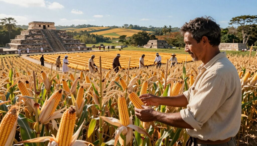 A vibrant historical depiction of corn cultivation throughout the ages. In the foreground, showcase a farmer in modest casual clothing tending to a lush field of golden corn stalks, with hands gently touching the ears of corn. In the middle ground, visualize an ancient civilization, such as the Maya, with men and women in traditional attire, engaged in farming practices, surrounded by meticulously organized rows of corn. In the background, highlight diverse landscapes over time, transitioning from ancient terraces to modern farms under a clear blue sky with warm sunlight illuminating the scene, casting soft shadows. The overall mood is one of reverence for agricultural heritage, conveying a sense of connection to the earth and history. Use a wide-angle lens for depth, enhancing the detail in the foreground while maintaining clarity in the historical context. A vibrant historical depiction of corn cultivation throughout the ages. In the foreground, showcase a farmer in modest casual clothing tending to a lush field of golden corn stalks, with hands gently touching the ears of corn. In the middle ground, visualize an ancient civilization, such as the Maya, with men and women in traditional attire, engaged in farming practices, surrounded by meticulously organized rows of corn. In the background, highlight diverse landscapes over time, transitioning from ancient terraces to modern farms under a clear blue sky with warm sunlight illuminating the scene, casting soft shadows. The overall mood is one of reverence for agricultural heritage, conveying a sense of connection to the earth and history. Use a wide-angle lens for depth, enhancing the detail in the foreground while maintaining clarity in the historical context.