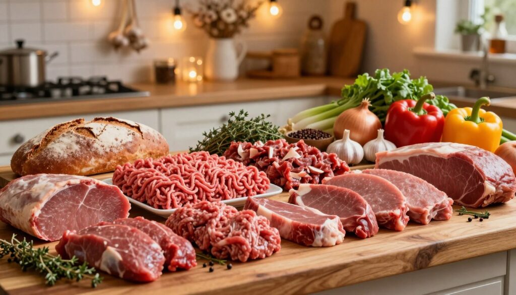 A vibrant, inviting butcher's display featuring a selection of high-quality meats ideal for making a traditional loaf. In the foreground, assorted cuts of red meat, including ground beef and pork, are artfully arranged on a wooden butcher block. The middle ground shows various herbs and spices, such as thyme and garlic, elegantly placed alongside fresh vegetables like onions and bell peppers, enhancing the selection. In the background, a rustic kitchen setting with warm lighting creates a cozy atmosphere, complete with hanging garlic and twinkling fairy lights. The angle is slightly overhead, capturing the rich textures and colors of the meats and ingredients, conveying a sense of warmth and homeliness perfect for a classic meal preparation scene. A vibrant, inviting butcher's display featuring a selection of high-quality meats ideal for making a traditional loaf. In the foreground, assorted cuts of red meat, including ground beef and pork, are artfully arranged on a wooden butcher block. The middle ground shows various herbs and spices, such as thyme and garlic, elegantly placed alongside fresh vegetables like onions and bell peppers, enhancing the selection. In the background, a rustic kitchen setting with warm lighting creates a cozy atmosphere, complete with hanging garlic and twinkling fairy lights. The angle is slightly overhead, capturing the rich textures and colors of the meats and ingredients, conveying a sense of warmth and homeliness perfect for a classic meal preparation scene.